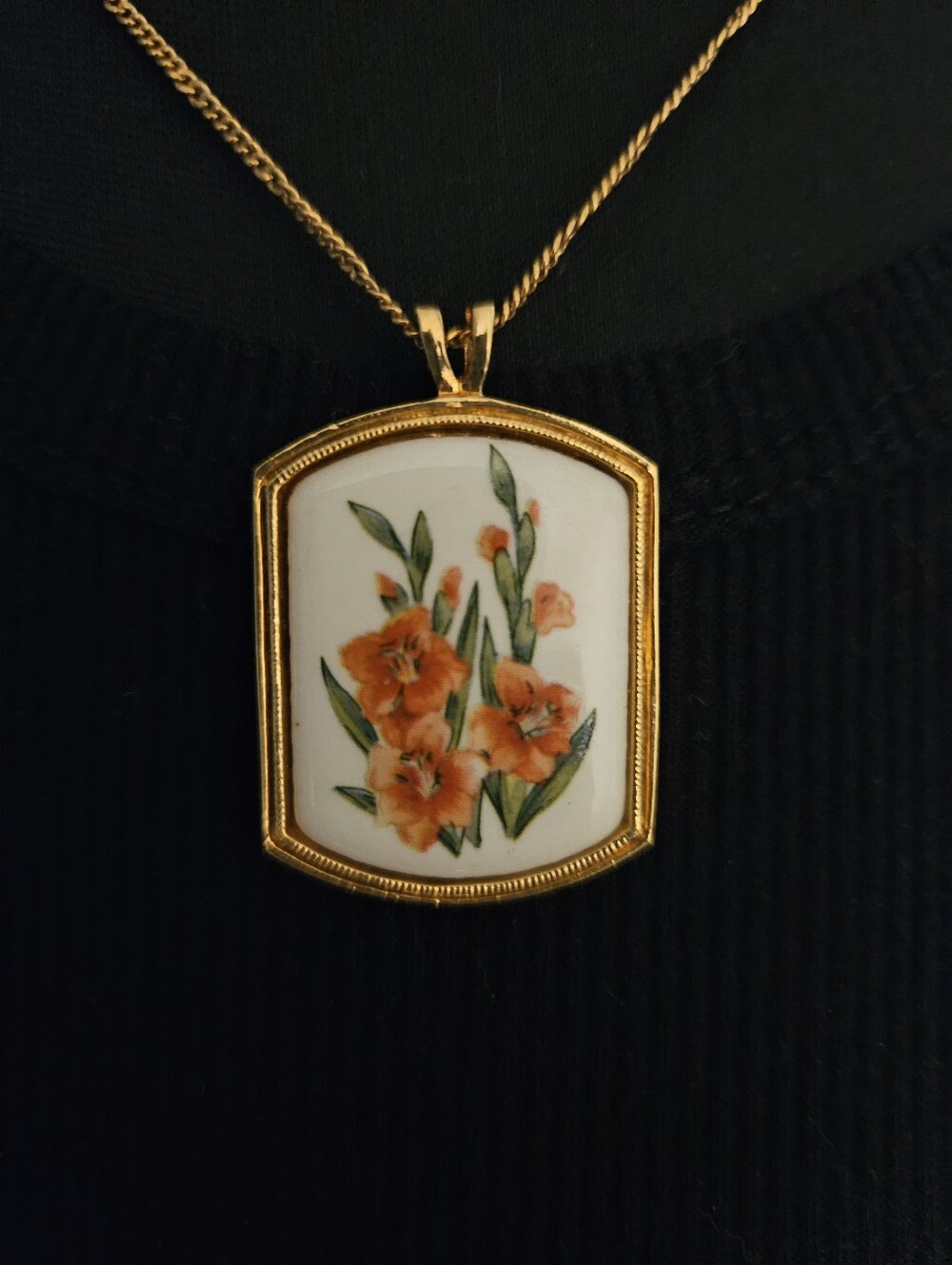 Vintage Avon Gold-Tone Porcelain Pendant Necklace with Orange Floral Bouquet